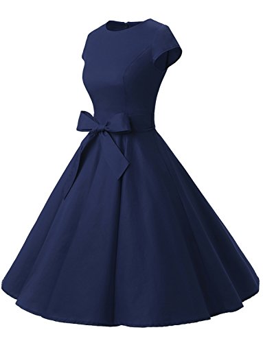 Dressystar Damen Vintage 50er Cap Sleeves Dot Einfarbig Rockabilly Swing Kleider M Marineblau - 8