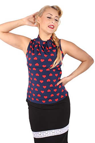 rockabilly retro Herzchen Schluppenbluse Heart Blusentop TOP blau/rot - 