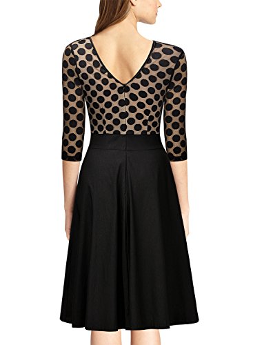 Miusol Damen Elegant Abendkleid Vintag 50er Kleider mit Polka Dots Spitzen Partykleid 3/4 Arm Knielang Rockabilly Kleid Schwarz Gr.S -