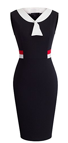 HOMEYEE Frauen elegante ärmellose Revers Hohe Taille schlanke Bodycon formale Retro Vintage Kleid B314(EU 38 = Size M,Schwarz) - 