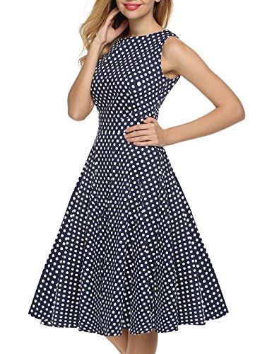 VKStar®Vintage 1950s A-Linie Klassisch Frauen Retro Drucken Blumen Audrey Hepburn Dress Abendkleid Cocktailkleid DunkelblauM - 