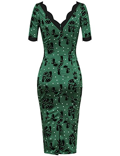 MUXXN Damen Bodycon Kleider Freizeit 3/4-Arm V-Ausschnitt Party Bleistift Kleid(M, Green Cat) -