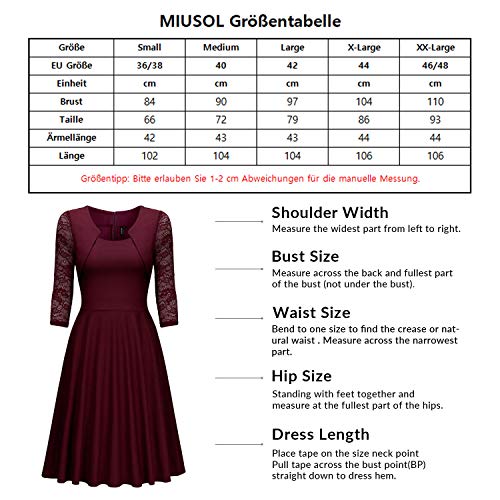 Miusol? Damen Abendkleid Elegant Cocktailkleid Vintage Kleider 3/4 Arm mit Spitzen Knielang Party Kleid Weinrot Gr.S - 3