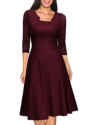 Miusol? Damen Abendkleid Elegant Cocktailkleid Vintage Kleider 3/4 Arm mit Spitzen Knielang Party Kleid Weinrot Gr.S - 5