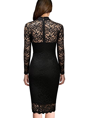 Miusol Damen Spitzen Cocktailkleid Elegant Abendkleid Brautjungfer Ballkleid Rundhals Langarm Stretch Kleider Schwarz Gr.L - 