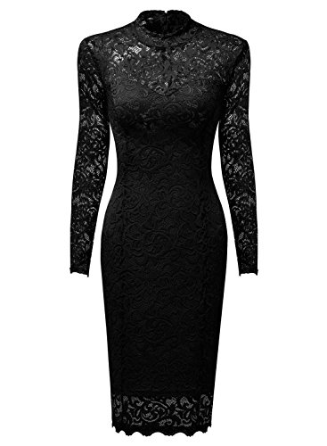 Miusol Damen Spitzen Cocktailkleid Elegant Abendkleid Brautjungfer Ballkleid Rundhals Langarm Stretch Kleider Schwarz Gr.L - 