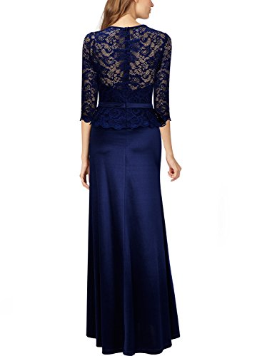 Miusol Damen Abendkleid 3/4 Arm Elegant Spitzen Kleid Brautjungfer Langes Cocktailkleid Navy Blau Gr.L - 3