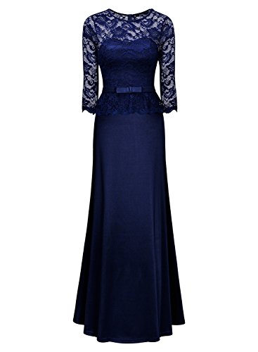 Miusol Damen Abendkleid 3/4 Arm Elegant Spitzen Kleid Brautjungfer Langes Cocktailkleid Navy Blau Gr.L - 