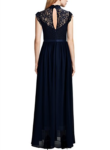 Miusol Damen Elegant Spitzen Abendkleid Brautjungfer Cocktailkleid Chiffon Faltenrock Langes Kleid Dunkelblau Gr.XL - 2