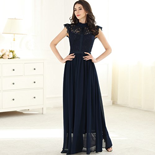 Miusol Damen Elegant Spitzen Abendkleid Brautjungfer Cocktailkleid Chiffon Faltenrock Langes Kleid Dunkelblau Gr.XL - 4