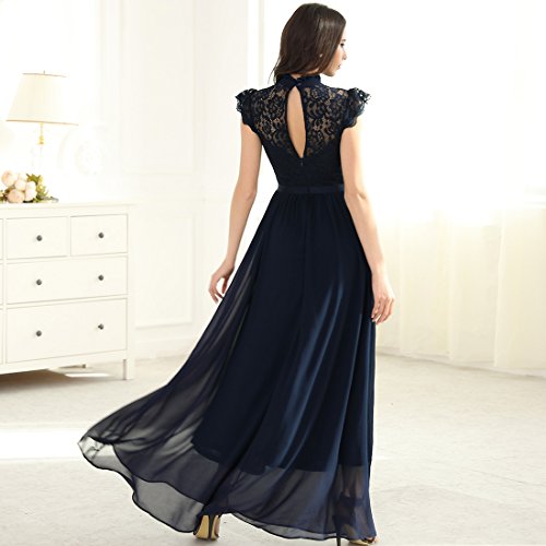 Miusol Damen Elegant Spitzen Abendkleid Brautjungfer Cocktailkleid Chiffon Faltenrock Langes Kleid Dunkelblau Gr.XL - 5