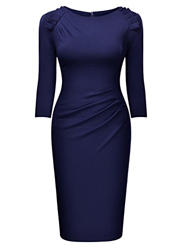 Miusol Damen Abendkleid Rundhals Elegant Kleid 3/4 Arm Etuikleid Cocktailkleid Blau Gr.L - 