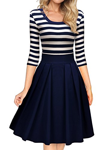 Miusol Kleid Vintage 1950er Streifen Rund Ausschnitt 3/4 Arm Retro Schwingen Pinup Rockabilly Kleid, Navy Blau - 4