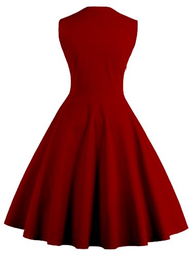 VKStar® Vintage 50er elegantes Abendkleid mit Knöpfe Rockabilly Swing Cocktailkleid Weinrot L - 2