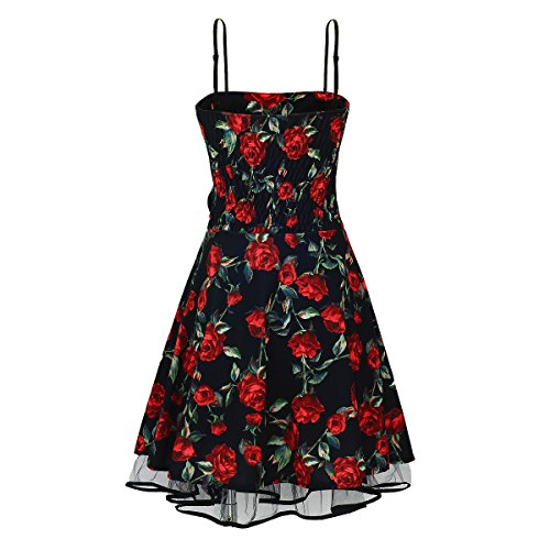 Laeticia Dreams Damen Kleid Rockabilly Blumenmuster S M L XL, Farbe:Schwarz Blumenmuster Rot;Größe:40 -