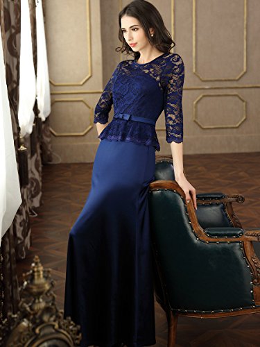 Miusol Damen Abendkleid 3/4 Arm Elegant Spitzen Kleid Brautjungfer Langes Cocktailkleid Navy Blau Gr.M - 6