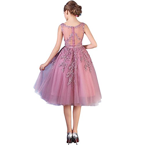 Damen Rosa Perlstickerei Spitze  Abendkleid Vintage Cocktailkleid - 2