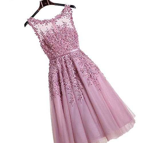 Damen Rosa Perlstickerei Spitze  Abendkleid Vintage Cocktailkleid - 3