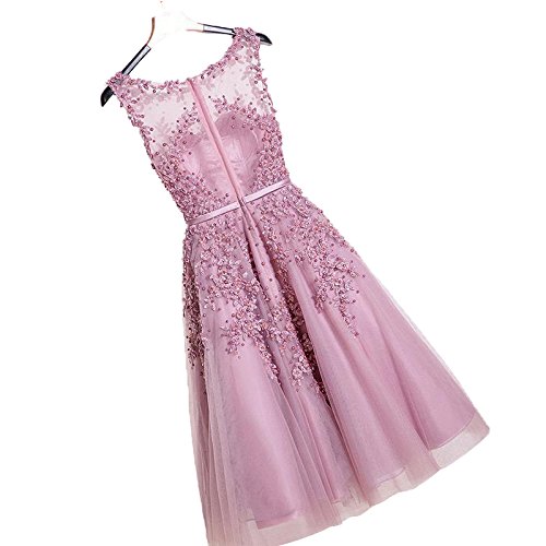 Damen Rosa Perlstickerei Spitze  Abendkleid Vintage Cocktailkleid - 4