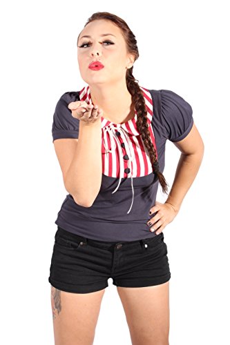 Puffärmel pin up Rockabilly Streifen Bluse kurzarm T-Shirt blau - 