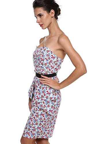 ACEVOG Damen Trägerlose Floral Abendkleider Party Bodycon Cocktailkleider Rückenfrei Abschlussballkleid mit Gürtel Schößchen Vintage Kurz -