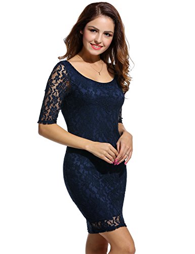 ANGVNS Damen Rundhals-Ausschnitt Spitzenkleid Floral Slim Fit Kurz Cocktailkleid Abendkleid Parykleid - 3