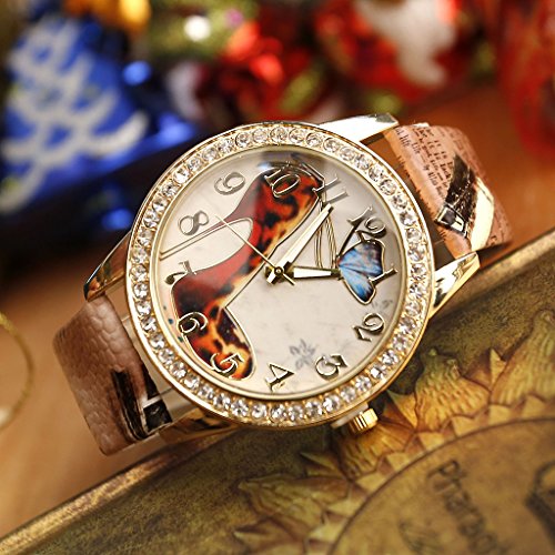 JSDDE Uhren,Oktoberfest Vintage Damen Strass Armbanduhr Falter Schuhe mit hohem Absatz Muster Analog Quarzuhr,Kaffee - 