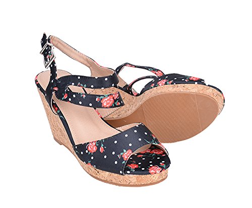 Vintage FLORAL Rose POLKA Dots Kork RIEMCHEN Wedges Rockabilly - 