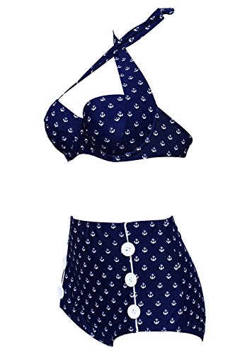 Damen Retro Badeanzug Bademode Bikini, blau-Anker, XXL - 