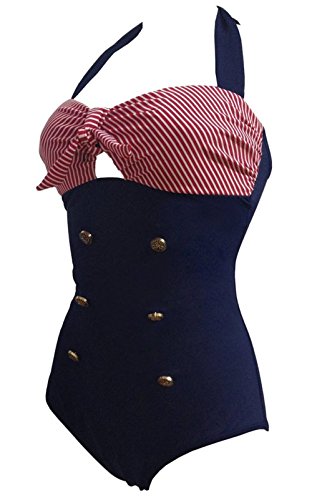 Frauen 50's Vintage Damen Retro Bandeau One Piece Bademode Bikini High Waist Plus Size Badeanzug Bauchweg - 