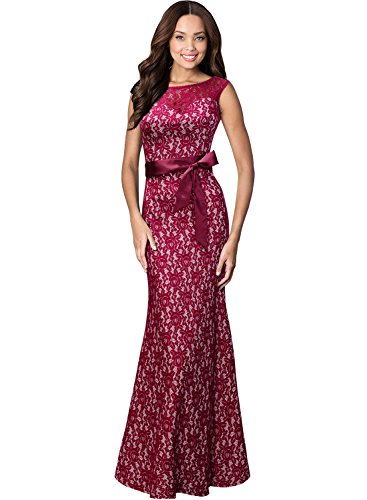 Miusol Damen Kleid aus Spitzen Rundhals Rueckenfrei Brautjungfer Cocktailkleid Fishtail Langes Abendkleid Lila-rot Groesse 3XL - 3