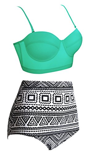 Angerella Damen Vintage Geometrischer Druck Unterseite Hohe Taille Badeanzug Bikini Set - 2