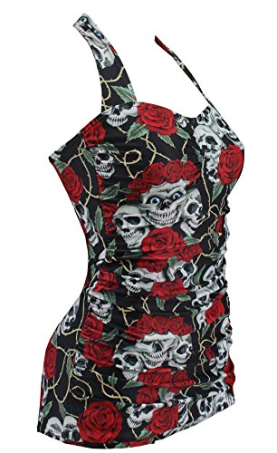 Aloha-Beachwear Damen Neckholder Badeanzug im Vintage Retro Look Rose Skull Totenkopf, A30720 mehrfarbig (XL / 44 / UK 18) - 2