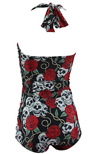 Aloha-Beachwear Damen Neckholder Badeanzug im Vintage Retro Look Rose Skull Totenkopf, A30720 mehrfarbig (XL / 44 / UK 18) - 3