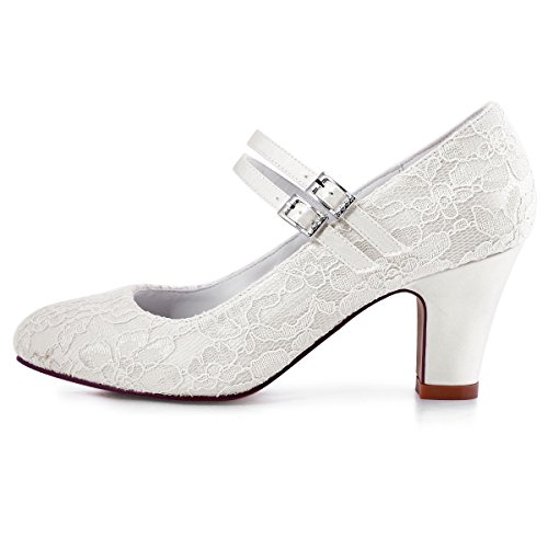 ElegantPark HC1708 Pumps Mary Jane Block Absatz Geschlossene Zehen Lace Satin Brautschuhe Ivory Gr.40 - 2