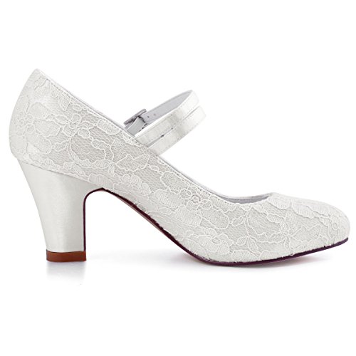 ElegantPark HC1708 Pumps Mary Jane Block Absatz Geschlossene Zehen Lace Satin Brautschuhe Ivory Gr.40 - 3