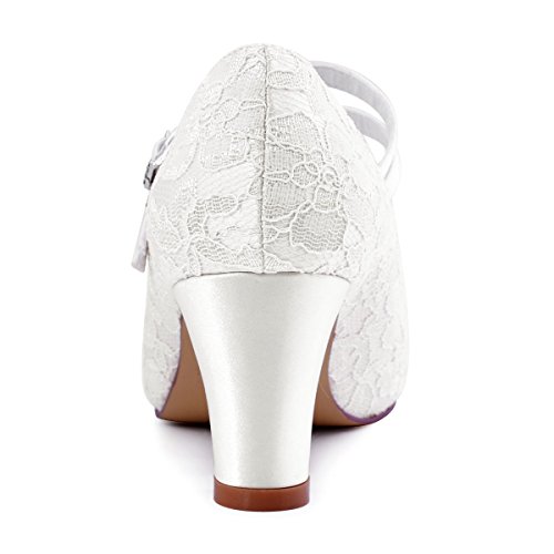 ElegantPark HC1708 Pumps Mary Jane Block Absatz Geschlossene Zehen Lace Satin Brautschuhe Ivory Gr.40 - 6