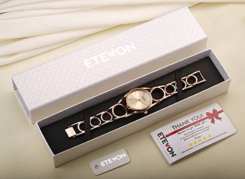 ETEVON Frauen Quarz Rose Gold Armbanduhr mit Runden Hohlen Armband Rostfreier Stahl Wasserdicht, Mode Luxus Verkleiden Armbanduhren für Damen - 2