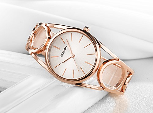 ETEVON Frauen Quarz Rose Gold Armbanduhr mit Runden Hohlen Armband Rostfreier Stahl Wasserdicht, Mode Luxus Verkleiden Armbanduhren für Damen - 3