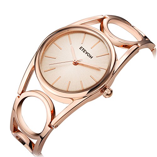 ETEVON Frauen Quarz Rose Gold Armbanduhr mit Runden Hohlen Armband Rostfreier Stahl Wasserdicht, Mode Luxus Verkleiden Armbanduhren für Damen - 4