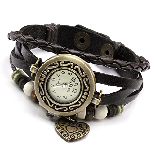 JSDDE Uhren Vintage Wickelarmband Damen Armbanduhr Lederarmband Bronze Herz Anhänger Holzperlen Analog Quarz Uhr, Dunkelbraun - 2