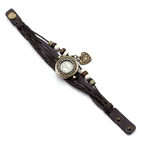 JSDDE Uhren Vintage Wickelarmband Damen Armbanduhr Lederarmband Bronze Herz Anhänger Holzperlen Analog Quarz Uhr, Dunkelbraun - 4