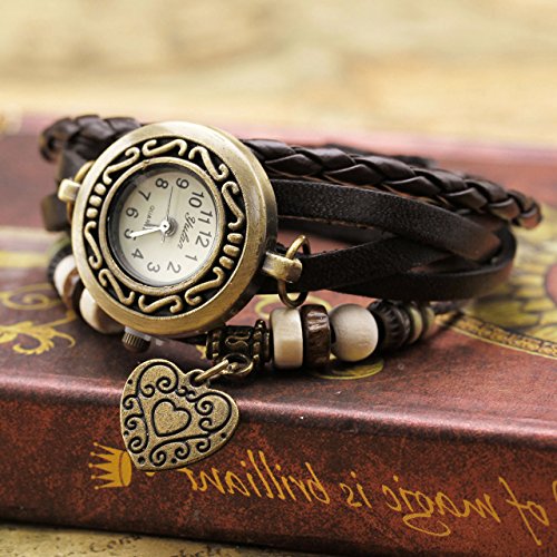 JSDDE Uhren Vintage Wickelarmband Damen Armbanduhr Lederarmband Bronze Herz Anhänger Holzperlen Analog Quarz Uhr, Dunkelbraun - 6