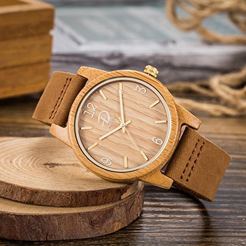 40mm Holz Armbanduhr für Herren und Damen, echtes Leder-Bügel Band Business Casual Armbanduhren, Japanisches Miyota Quarzwerk Bewegung Vintage Natürliche Holz Uhren (Bambus) - 2