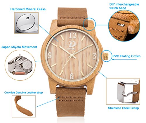 40mm Holz Armbanduhr für Herren und Damen, echtes Leder-Bügel Band Business Casual Armbanduhren, Japanisches Miyota Quarzwerk Bewegung Vintage Natürliche Holz Uhren (Bambus) - 4