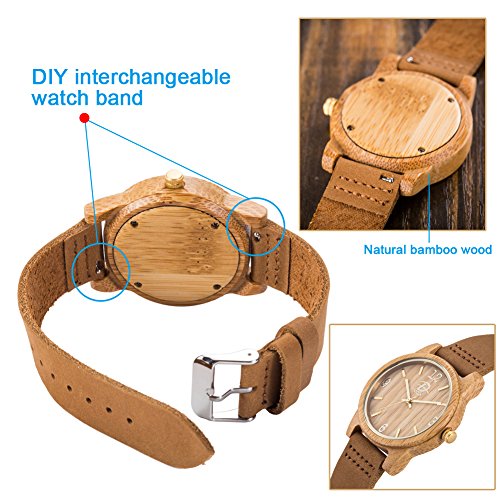 40mm Holz Armbanduhr für Herren und Damen, echtes Leder-Bügel Band Business Casual Armbanduhren, Japanisches Miyota Quarzwerk Bewegung Vintage Natürliche Holz Uhren (Bambus) - 5