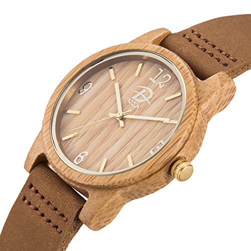 40mm Holz Armbanduhr für Herren und Damen, echtes Leder-Bügel Band Business Casual Armbanduhren, Japanisches Miyota Quarzwerk Bewegung Vintage Natürliche Holz Uhren (Bambus) - 8