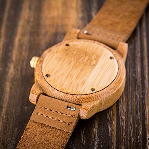 40mm Holz Armbanduhr für Herren und Damen, echtes Leder-Bügel Band Business Casual Armbanduhren, Japanisches Miyota Quarzwerk Bewegung Vintage Natürliche Holz Uhren (Bambus) - 9