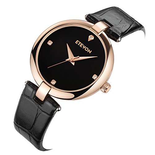 ETEVON Women's Casual Crystal Quartz Leather Watch mit schwarzem Zifferblatt und Rose Gold Edelstahl Case, einfach Kleid Handgelenk Uhren für Frauen Ladies - 4