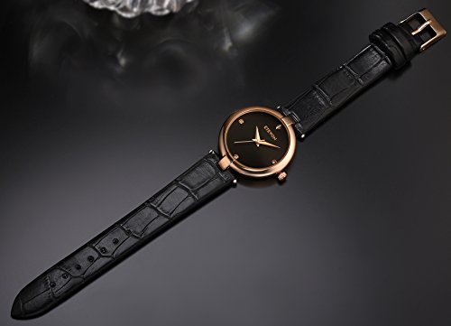 ETEVON Women's Casual Crystal Quartz Leather Watch mit schwarzem Zifferblatt und Rose Gold Edelstahl Case, einfach Kleid Handgelenk Uhren für Frauen Ladies - 6